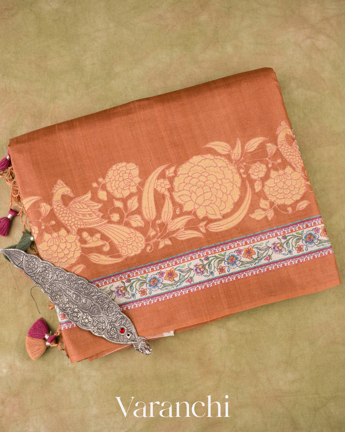 Muted Rust Orange Tissue Applique and Embroidery Pure Tussar Silk Saree