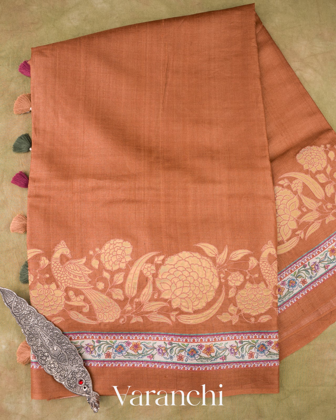 Muted Rust Orange Tissue Applique and Embroidery Pure Tussar Silk Saree