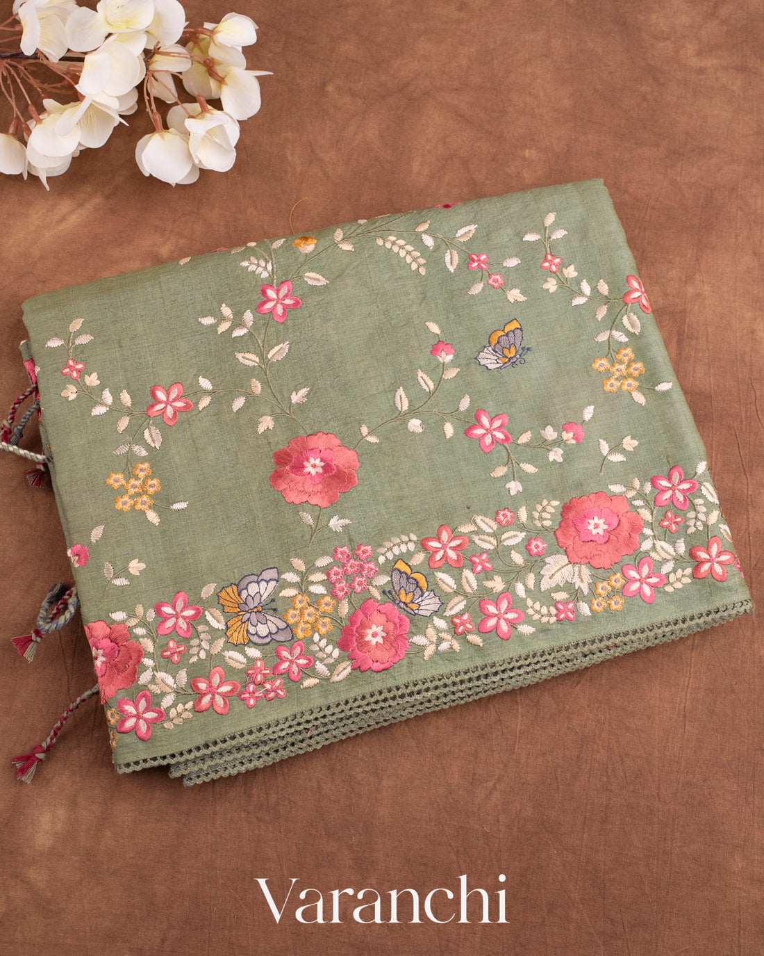 Sage Green All-Over Embroidered Pure Tussar Silk Saree