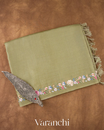 Sage Green  Embroidered Pure Tussar Silk Saree