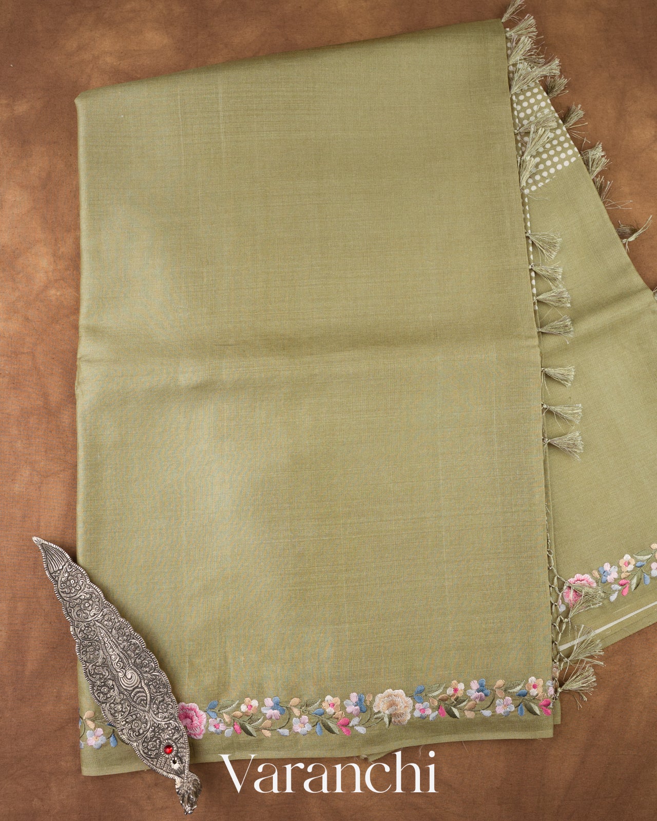 Sage Green  Embroidered Pure Tussar Silk Saree