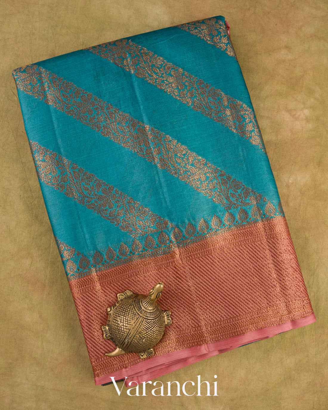 Teal Blue Lehariya Pure Tussar Silk Saree