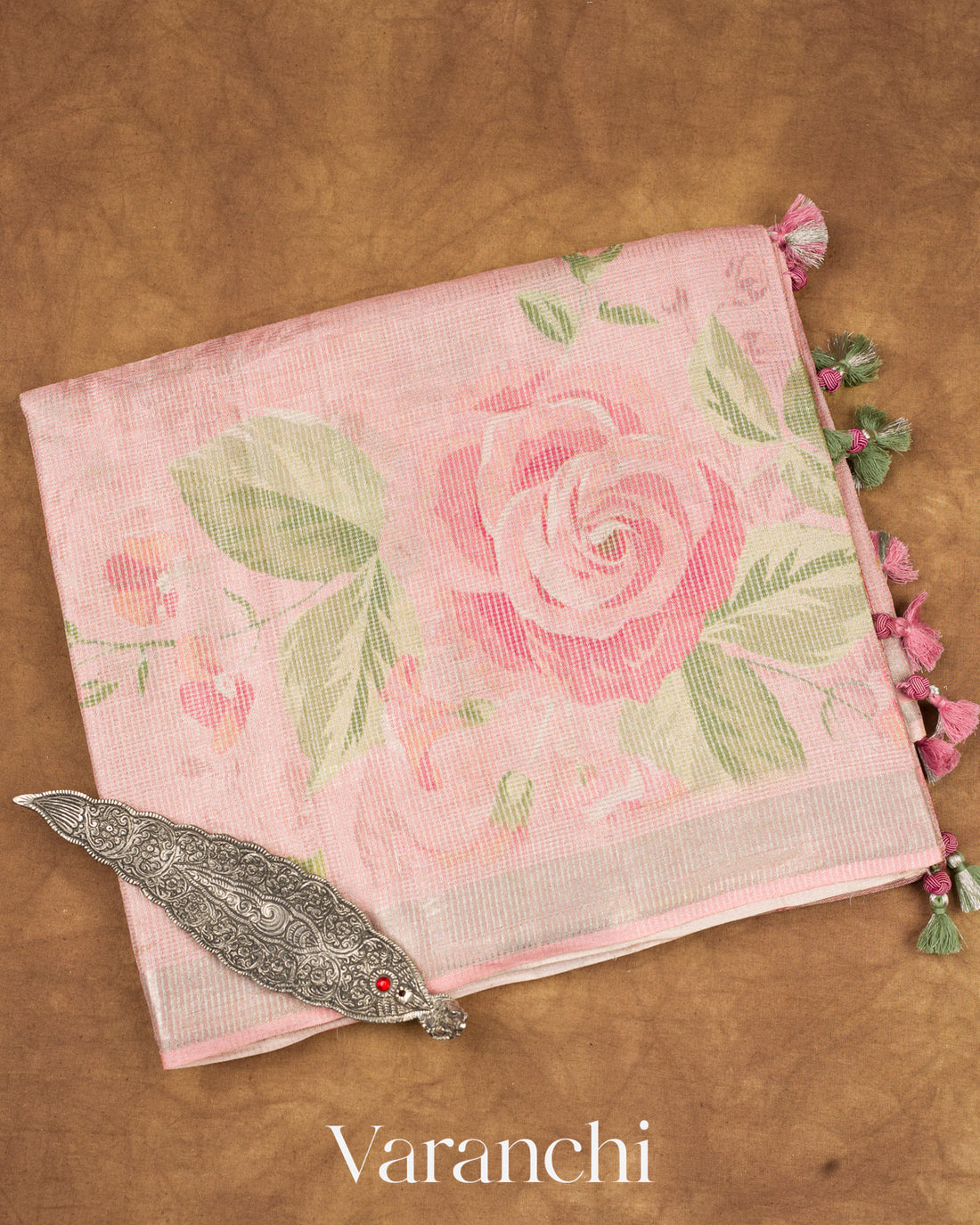 Baby Pink Tissue Striped Pure Tussar Silk Handloom Saree