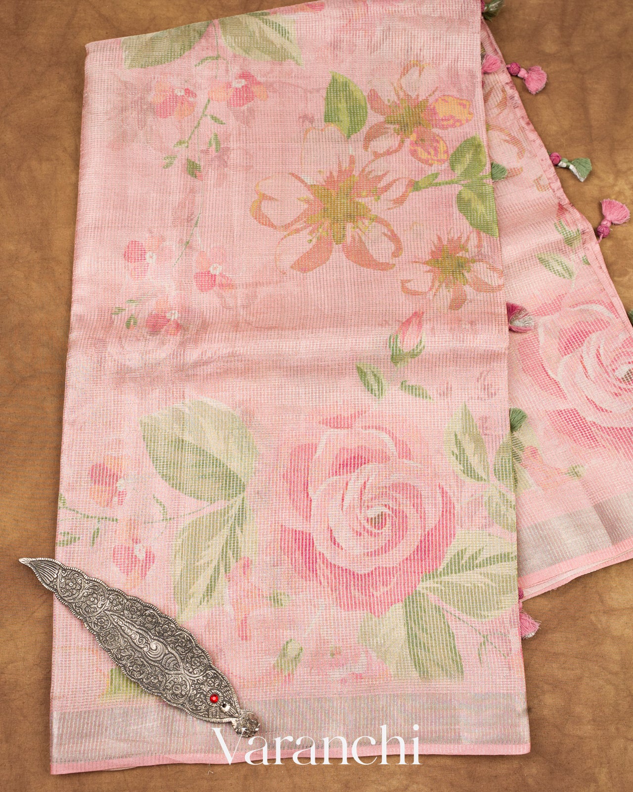 Baby Pink Tissue Striped Pure Tussar Silk Handloom Saree