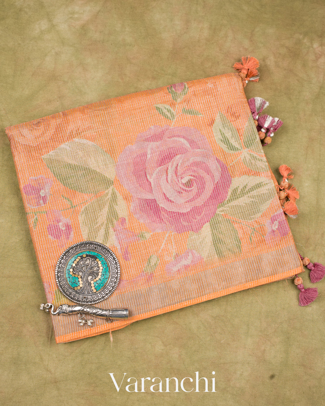 Dusty Peach Pure Tussar Tissue Silk Handloom Saree