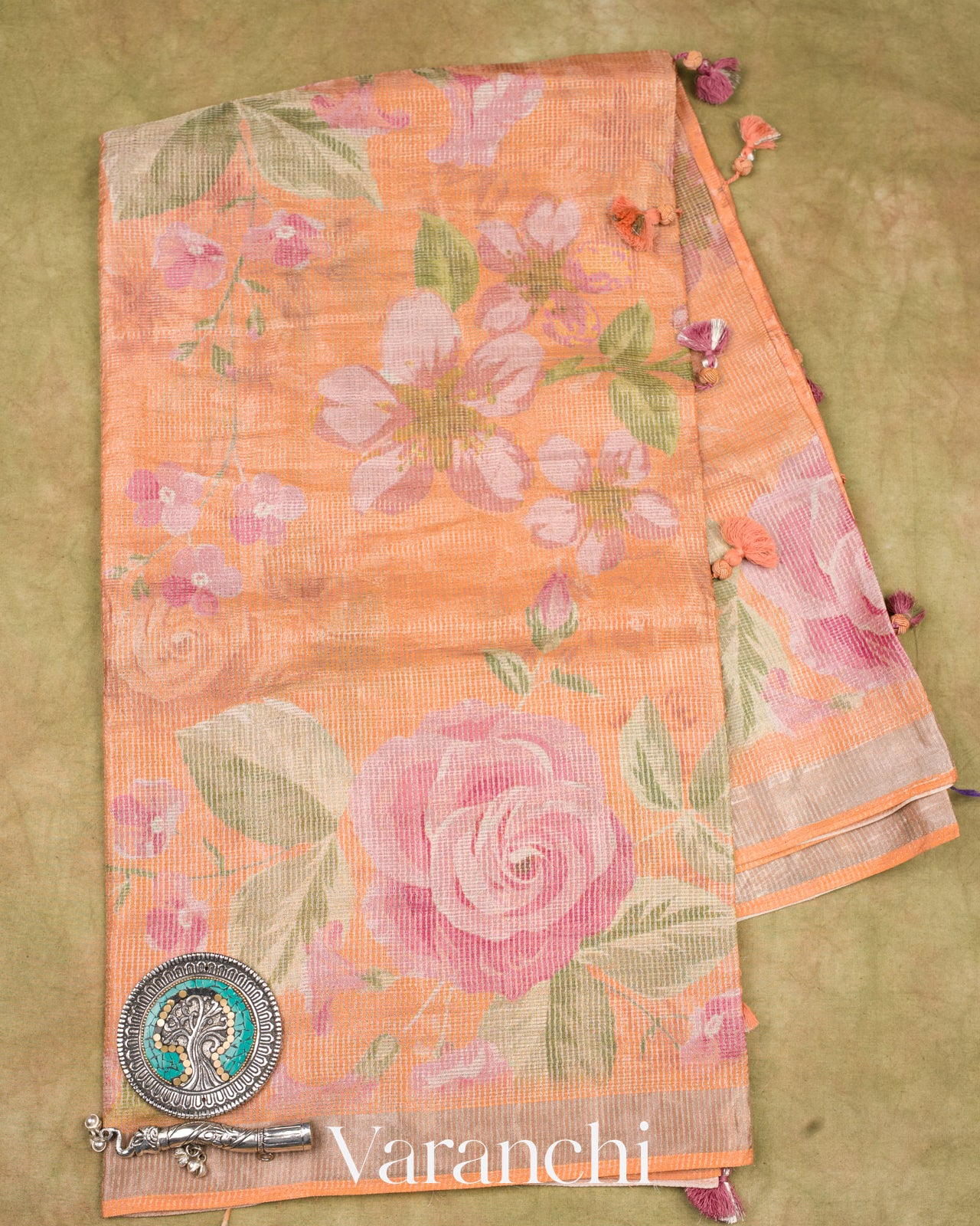 Dusty Peach Pure Tussar Tissue Silk Handloom Saree