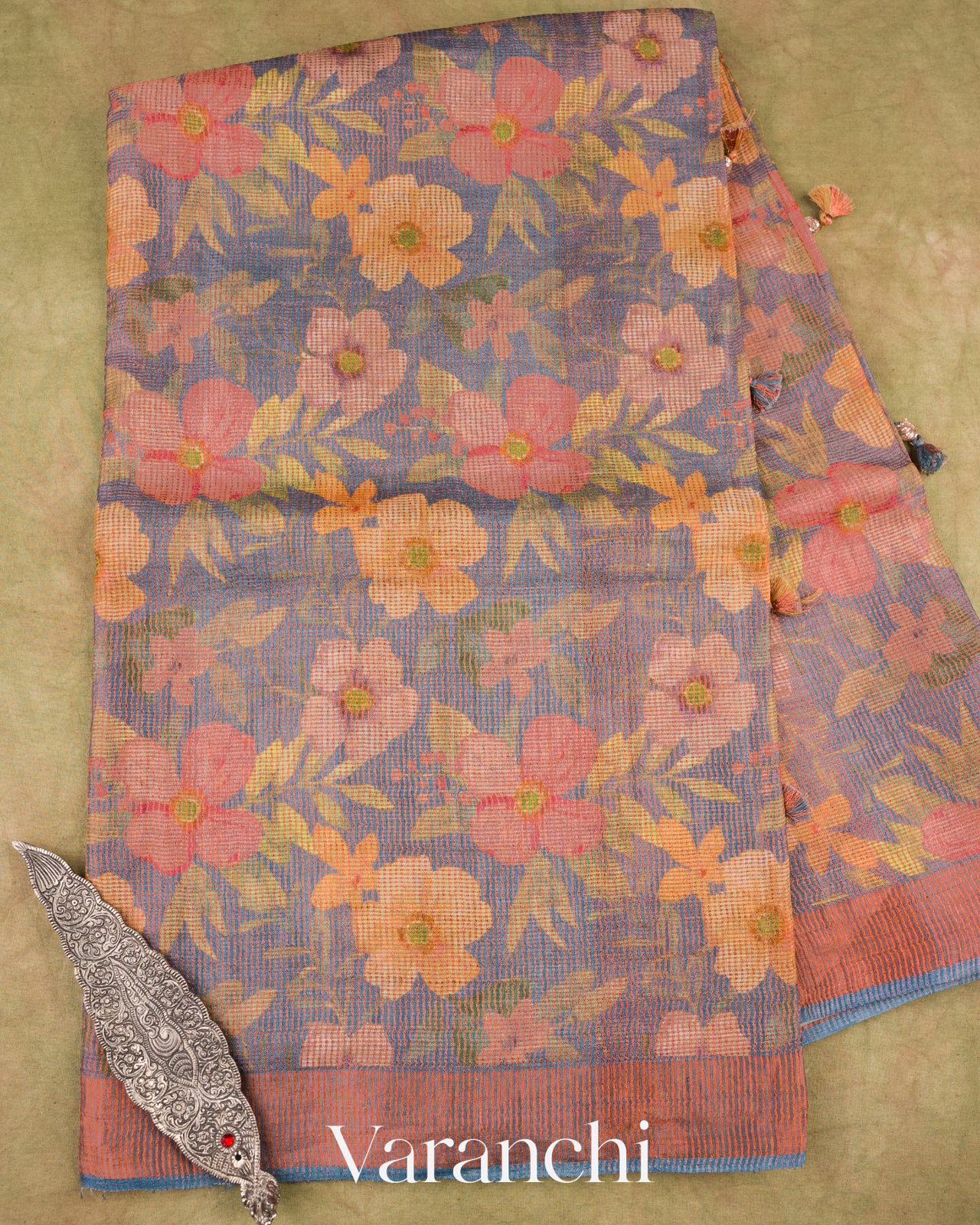 Indigo Pure Tussar Tissue Silk Handloom Saree