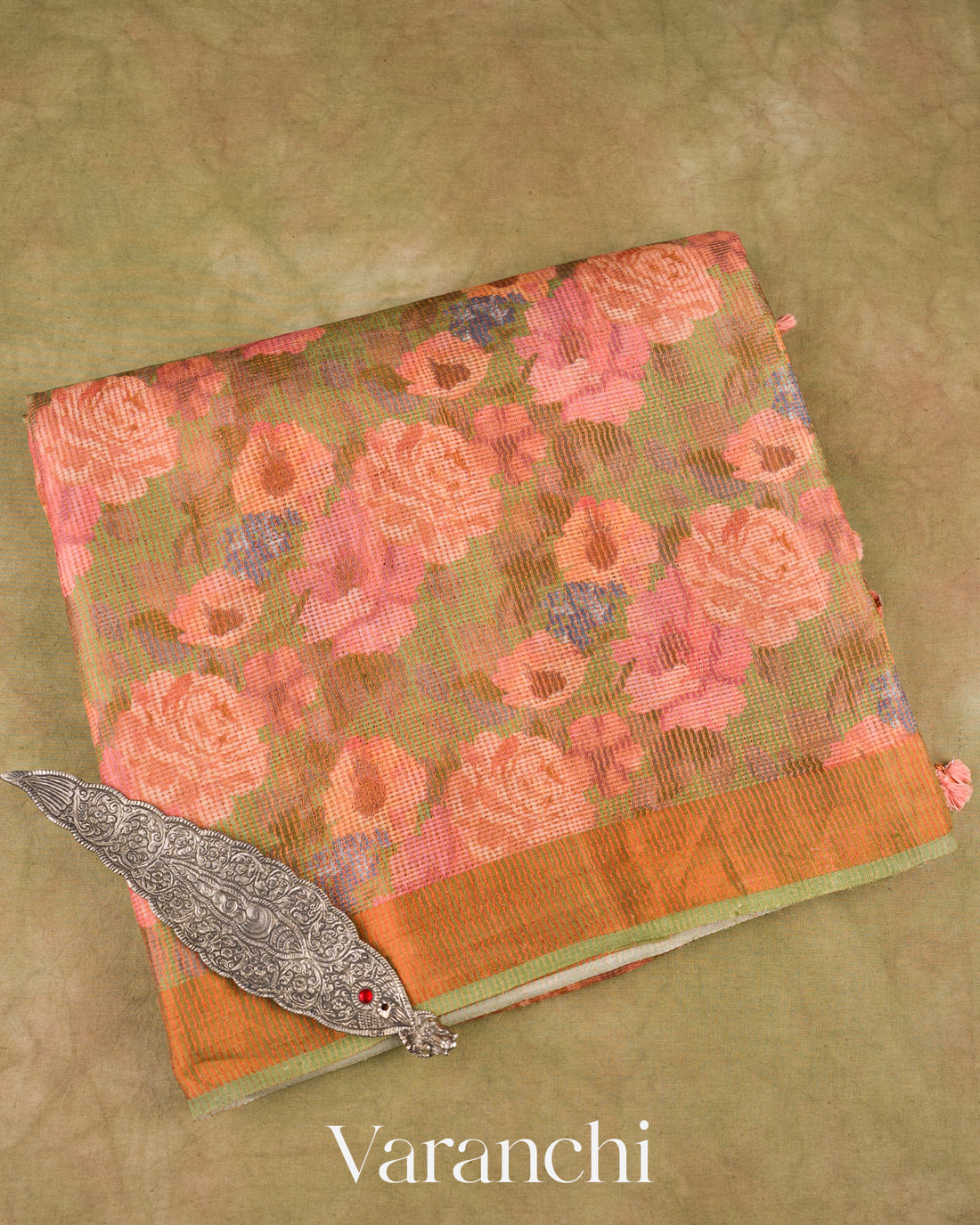Mehendi Green Pure Tussar Tissue Silk Handloom Saree