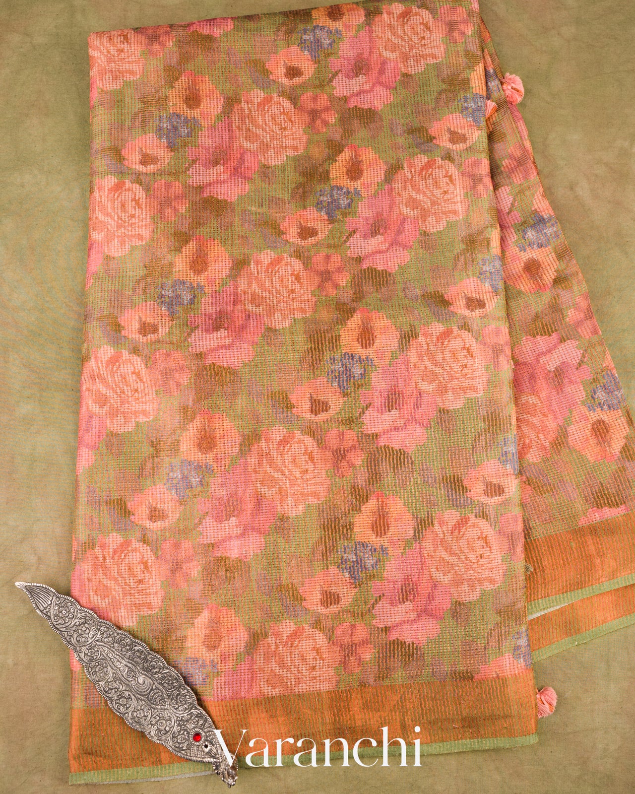 Mehendi Green Pure Tussar Tissue Silk Handloom Saree