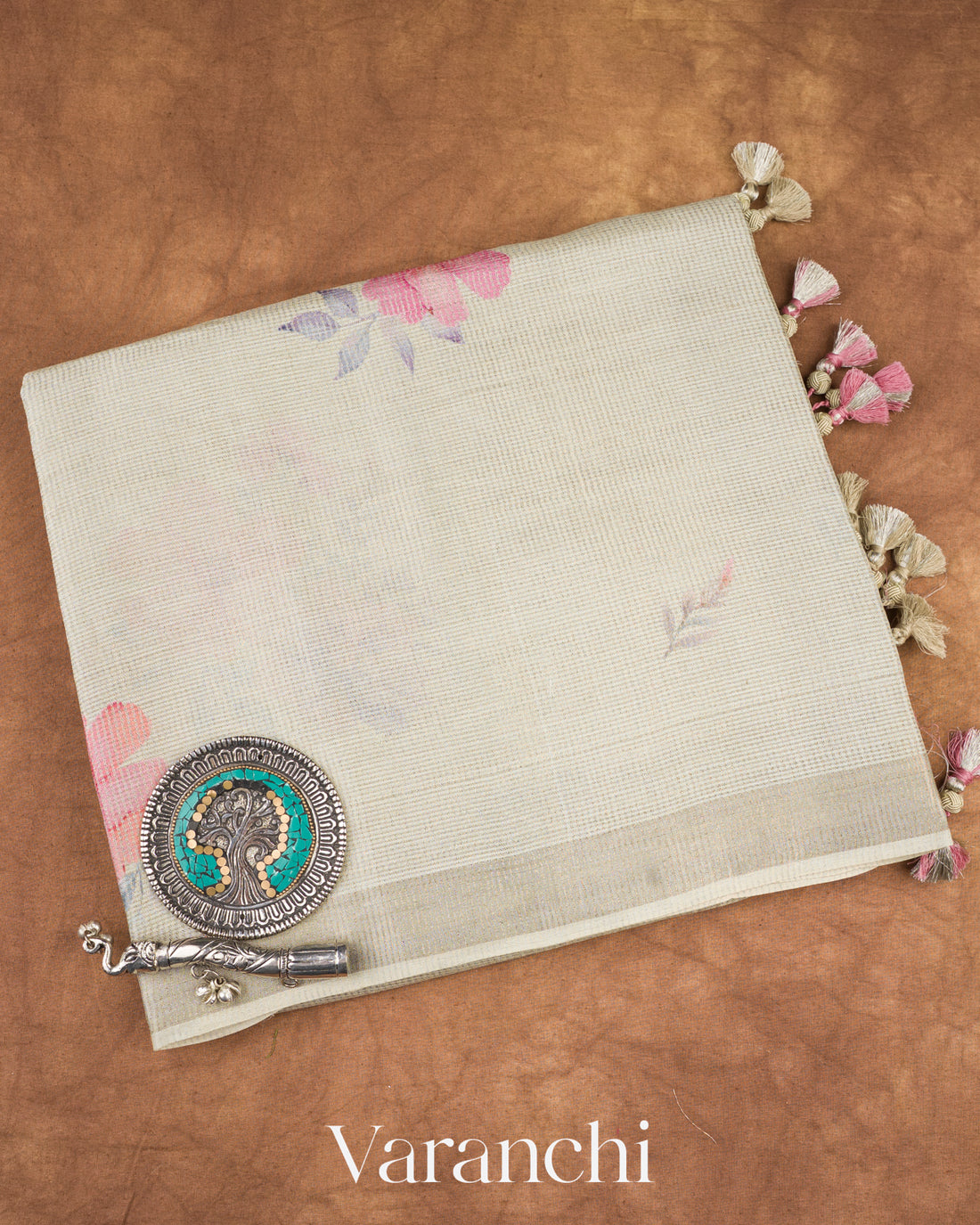 Pale Silver Digital Printed Pure Tussar Tissue Silk Saree
