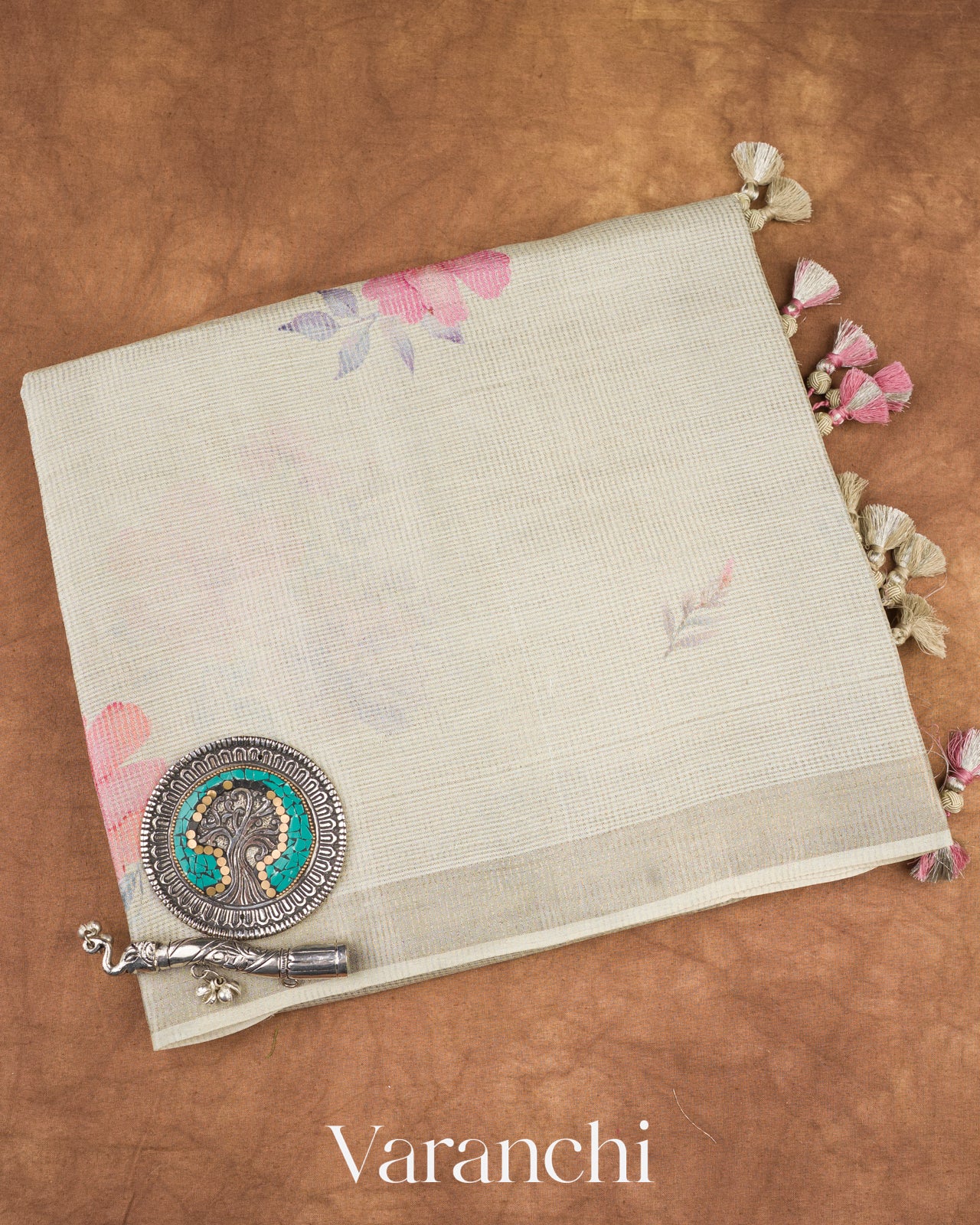 Pale Silver Digital Printed Pure Tussar Tissue Silk Saree