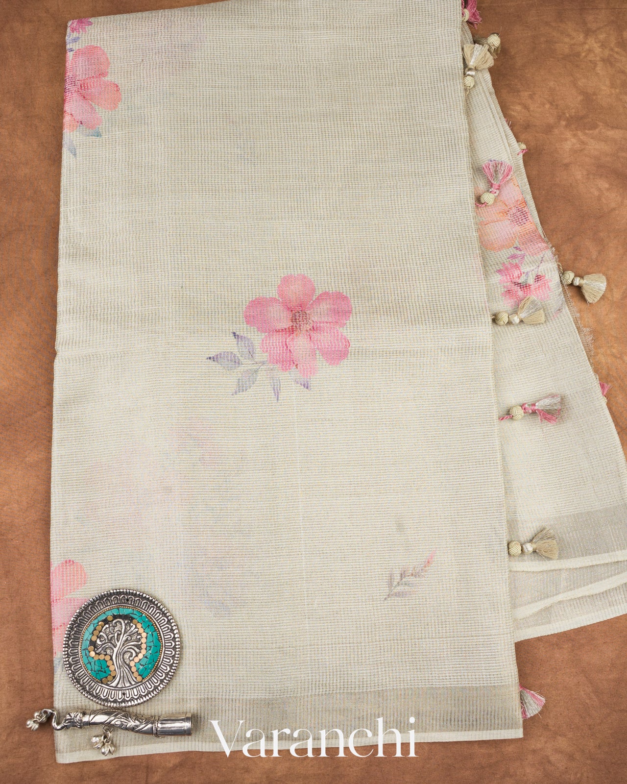 Pale Silver Digital Printed Pure Tussar Tissue Silk Saree