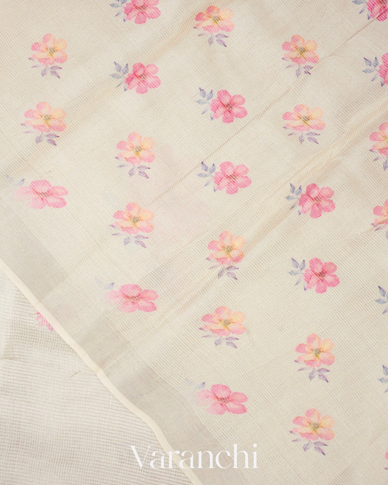 Pale Silver Digital Printed Pure Tussar Tissue Silk Saree