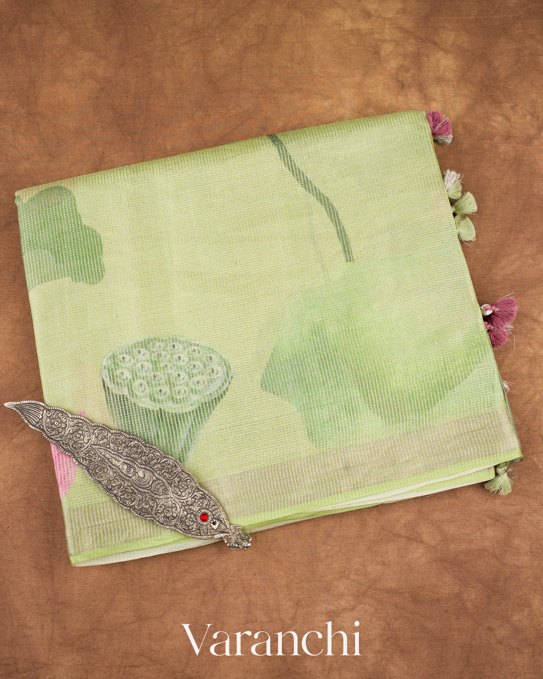 Pista Green Digital Printed Pure Tussar Tissue Silk Saree