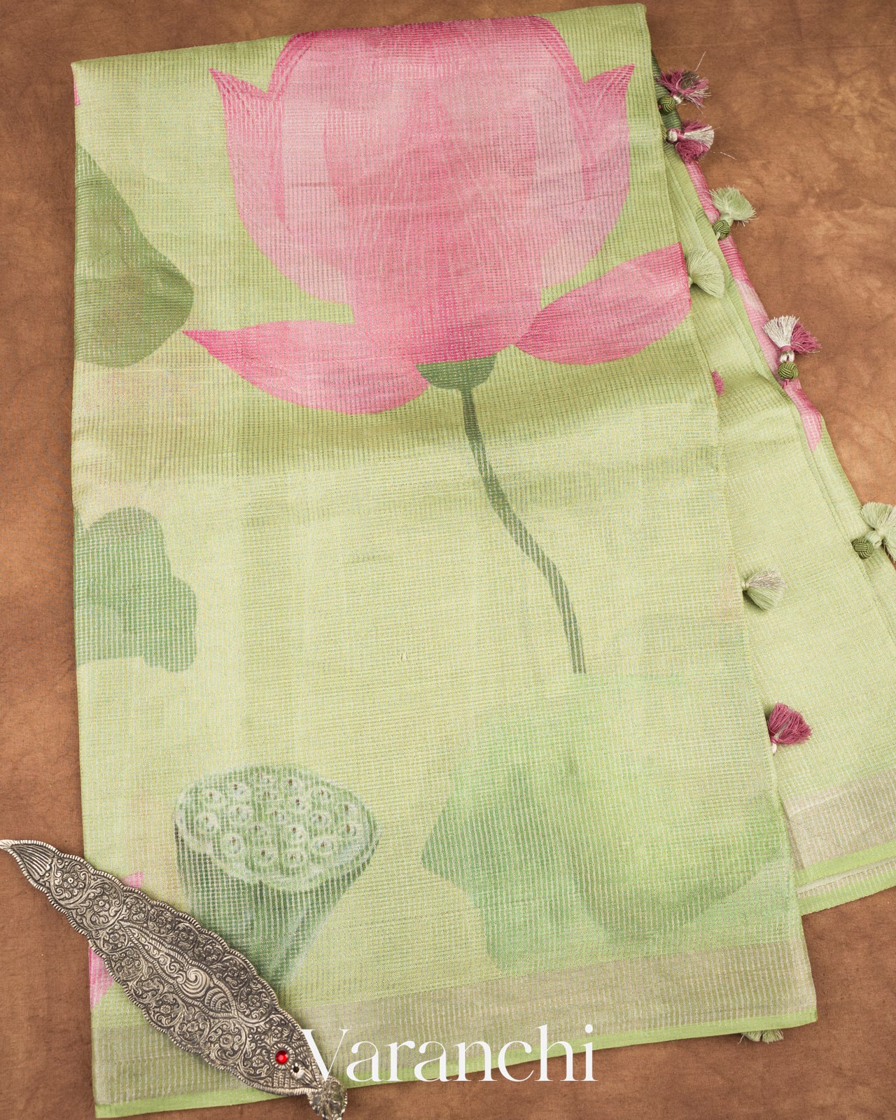 Pista Green Digital Printed Pure Tussar Tissue Silk Saree