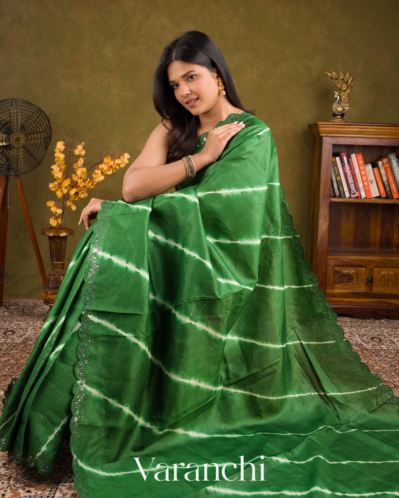 Deep Green Mirror Hand-Embroidered Pure Tussar Silk Handloom Saree