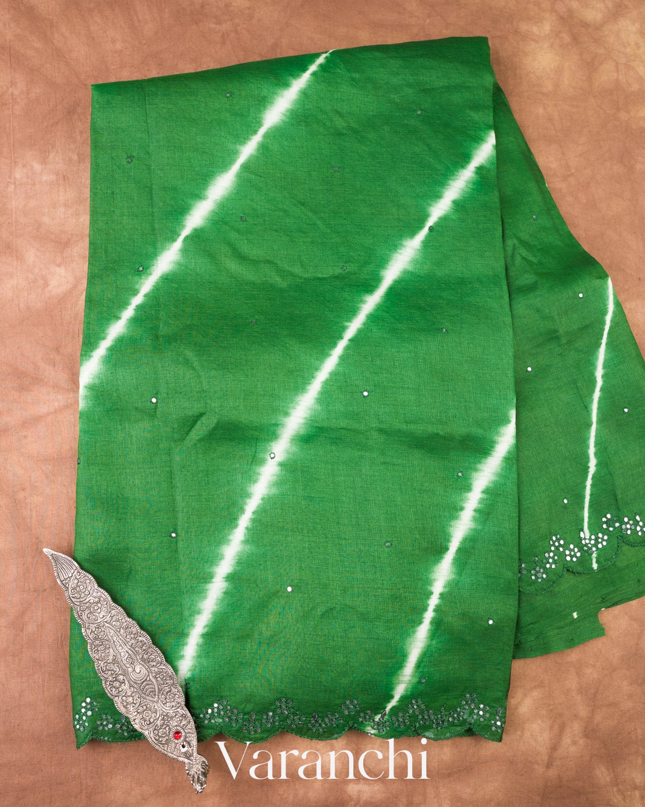 Deep Green Mirror Hand-Embroidered Pure Tussar Silk Handloom Saree