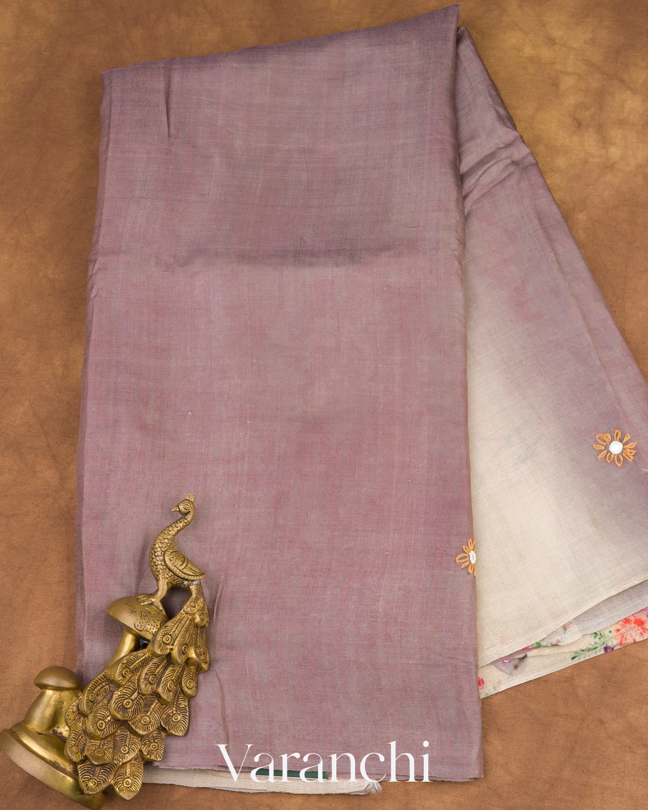 Muted Mauve Mirror and Hand Katha Embroidered Pure Tussar Silk Handloom Saree