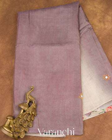 Muted Mauve Mirror and Hand Katha Embroidered Pure Tussar Silk Handloom Saree