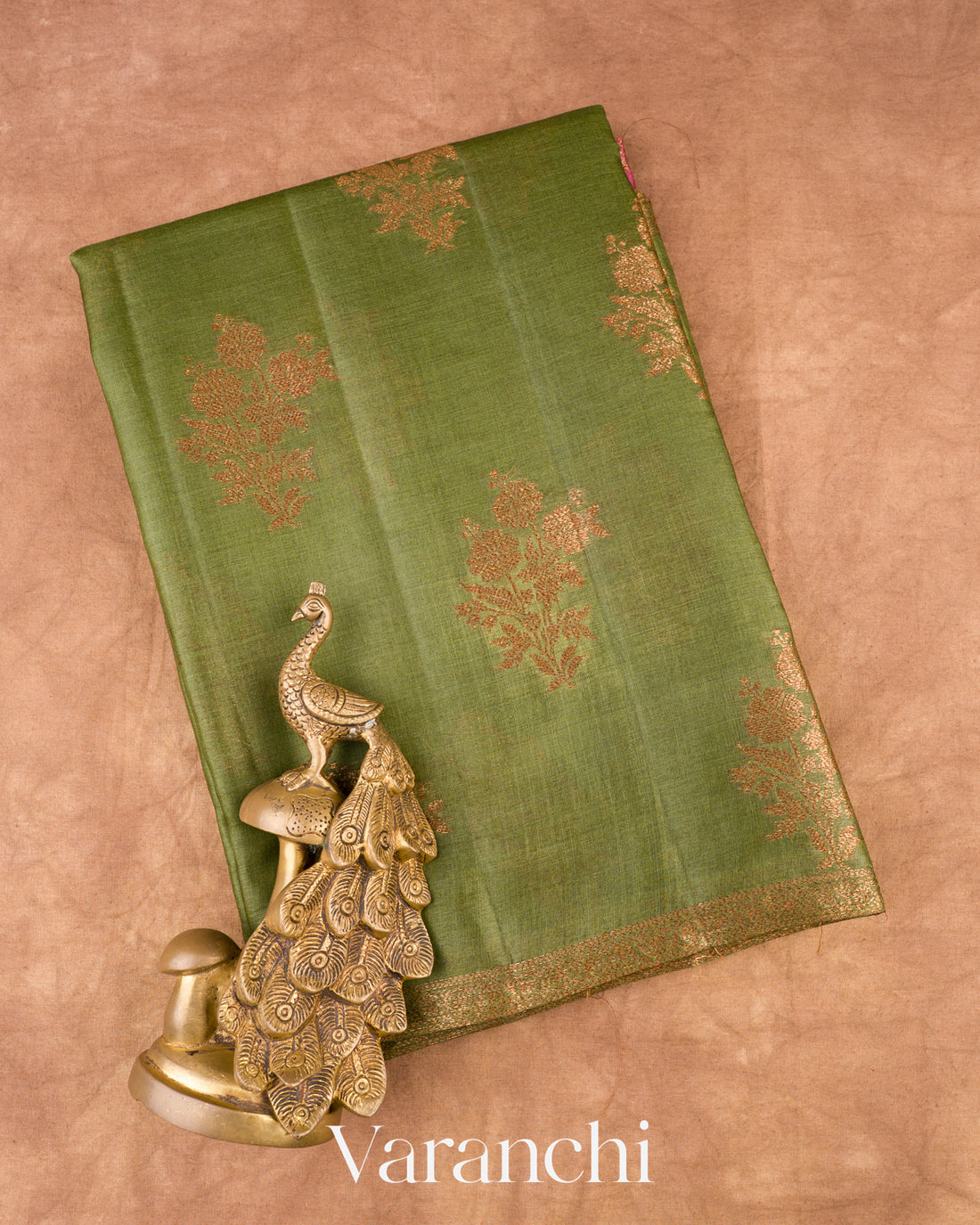 Olive Green Borderless Pure Tussar Silk Saree
