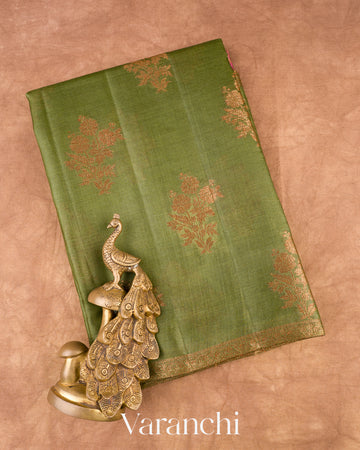 Olive Green Borderless Pure Tussar Silk Saree