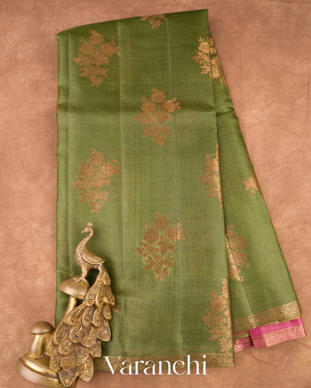 Olive Green Borderless Pure Tussar Silk Saree