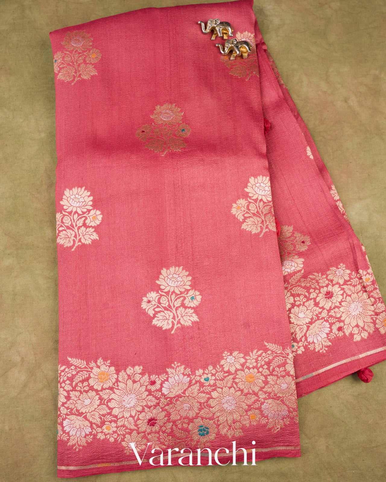 Deep Blush Pink Pure Tussar Georgette Silk Handloom Saree