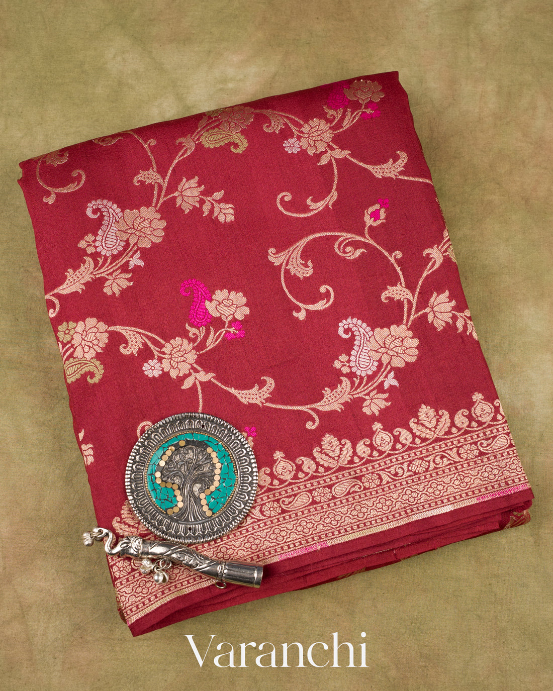 Maroon Pure Tussar Georgette Silk Handloom Saree