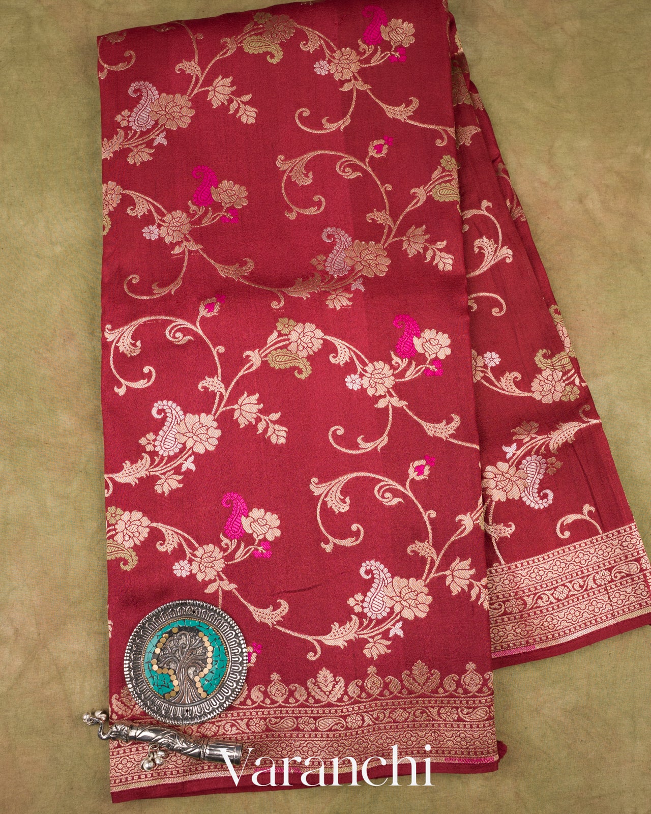 Maroon Pure Tussar Georgette Silk Handloom Saree