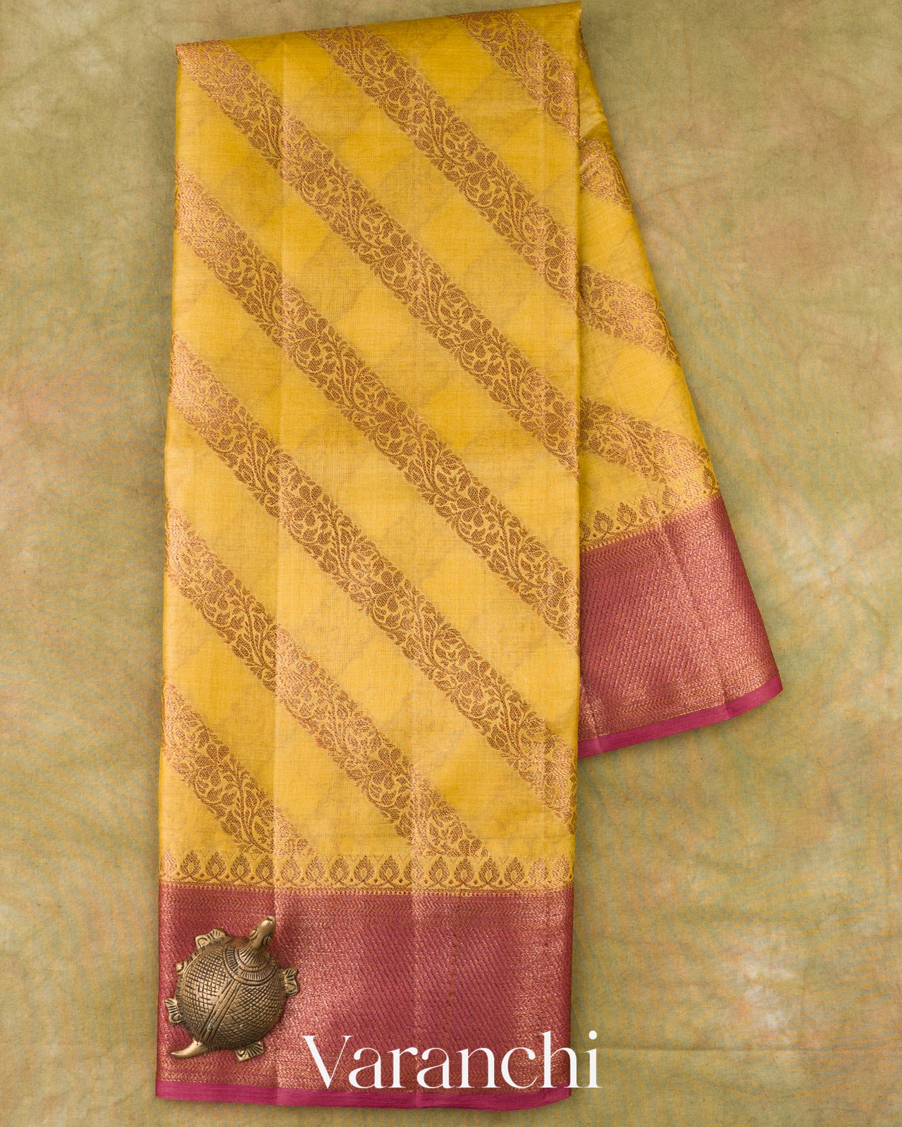 Mustard Yellow Lehariya Pure Tussar Silk Saree