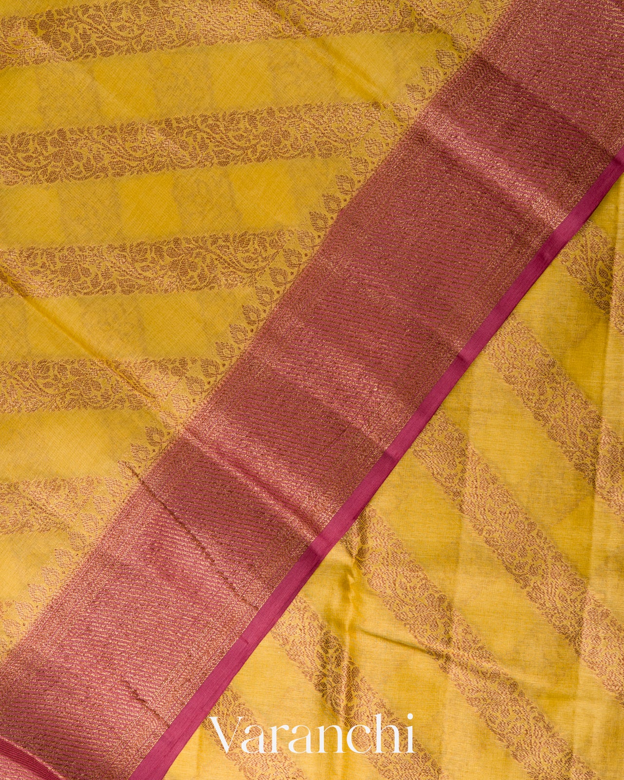 Mustard Yellow Lehariya Pure Tussar Silk Saree