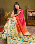 Crimson Rose Hand Painted Design Pure Tussar Silk Saree