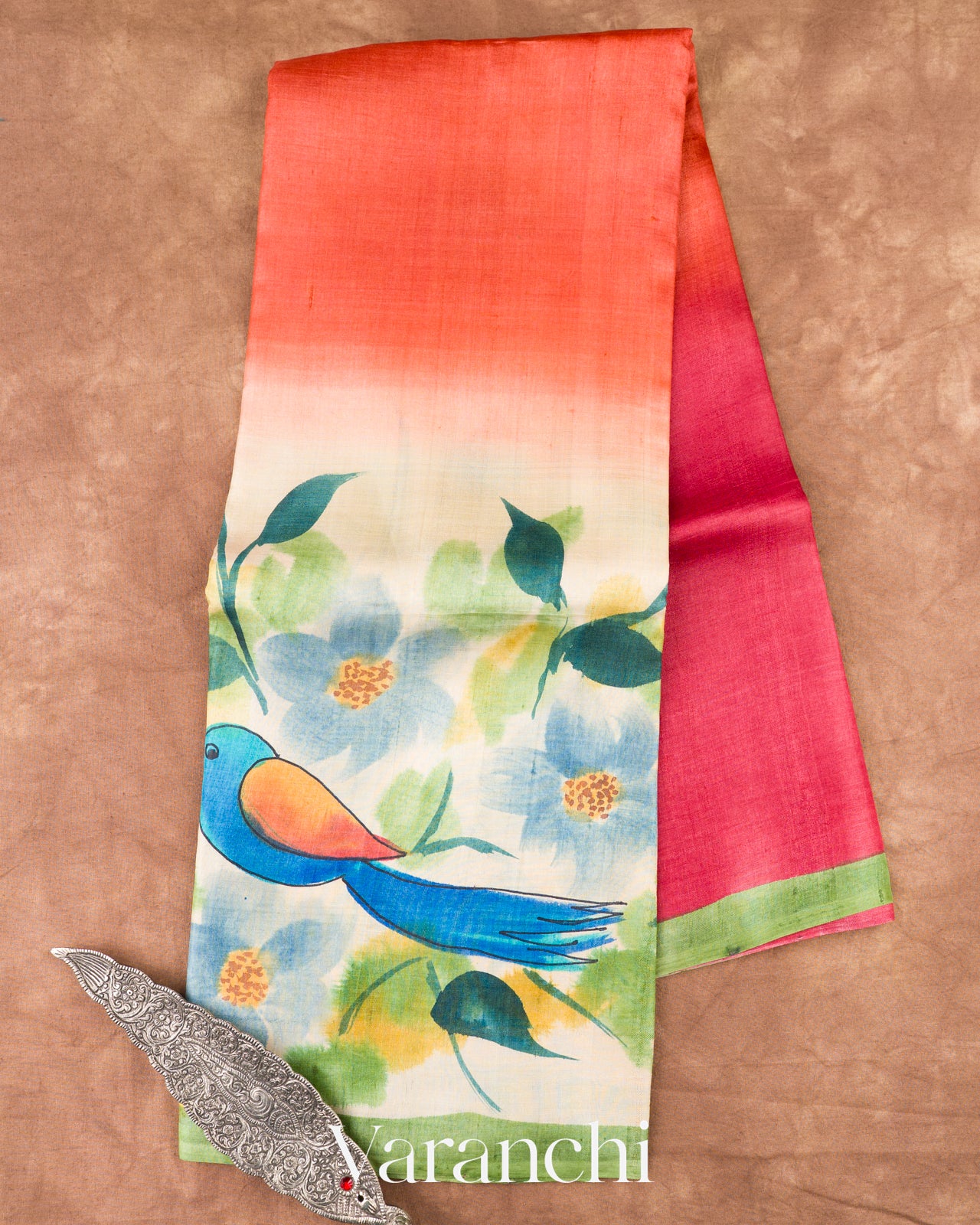 Crimson Rose Hand Painted Design Pure Tussar Silk Saree