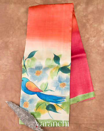 Crimson Rose Hand Painted Design Pure Tussar Silk Saree