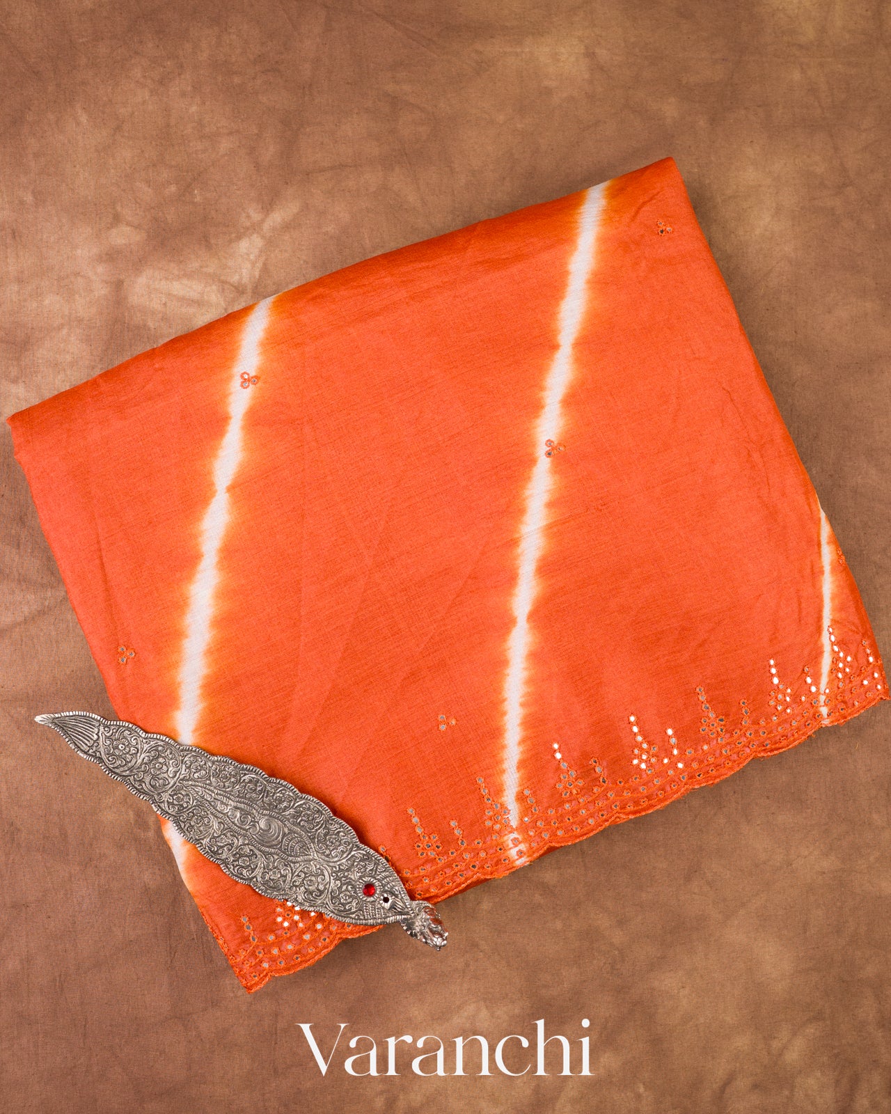 Carrot Orange Mirror Hand-Embroidered Pure Tussar Silk Handloom Saree