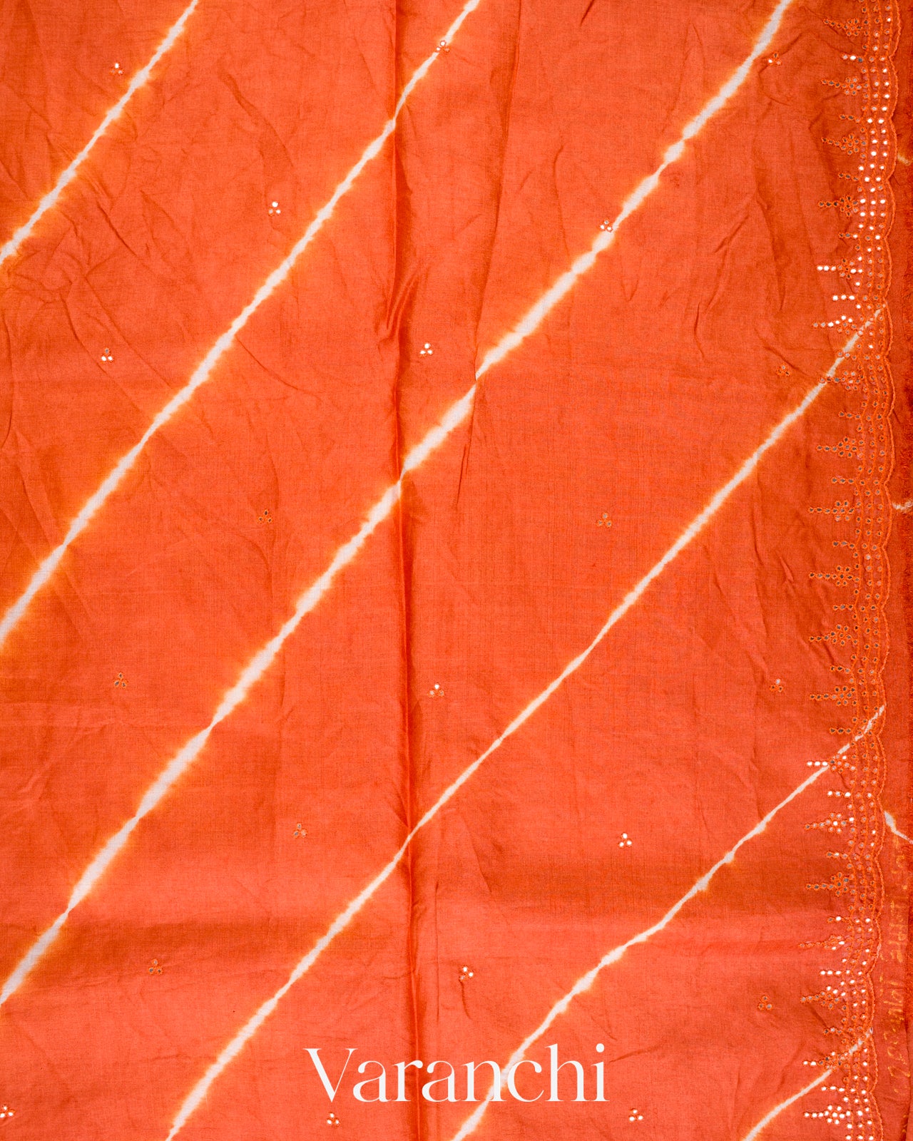 Carrot Orange Mirror Hand-Embroidered Pure Tussar Silk Handloom Saree