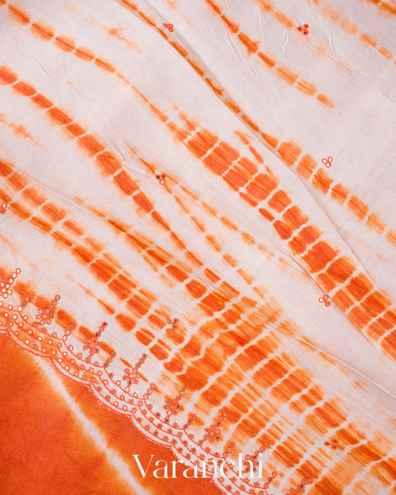 Carrot Orange Mirror Hand-Embroidered Pure Tussar Silk Handloom Saree