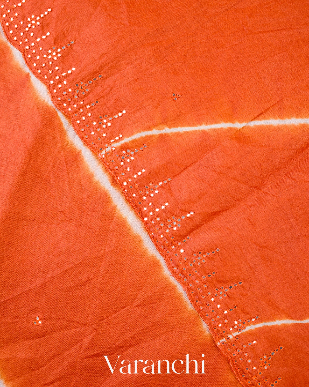 Carrot Orange Mirror Hand-Embroidered Pure Tussar Silk Handloom Saree
