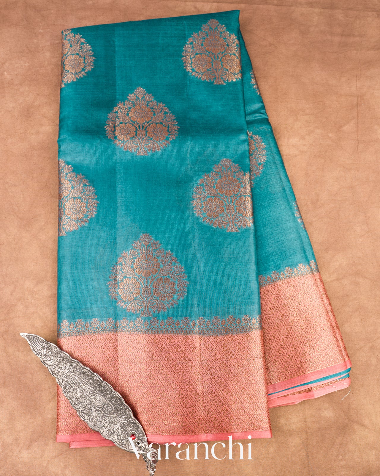Peacock Blue Pure Tussar Silk Saree
