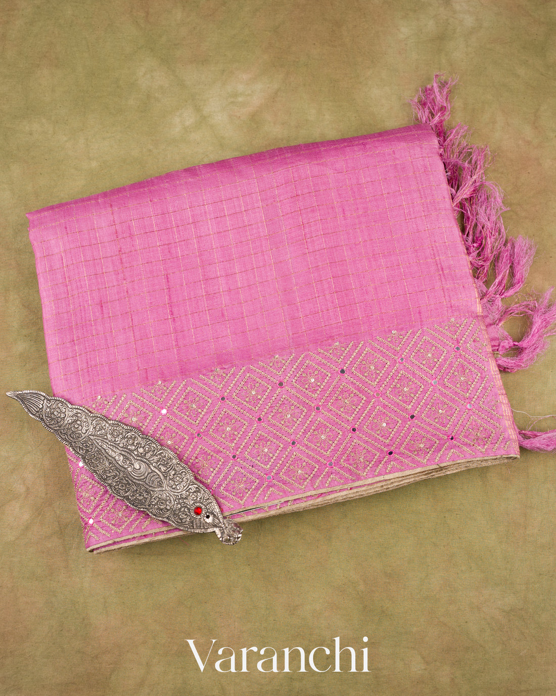 Pink Mirror Hand-Embroidered Pure Tussar Silk Handloom Saree