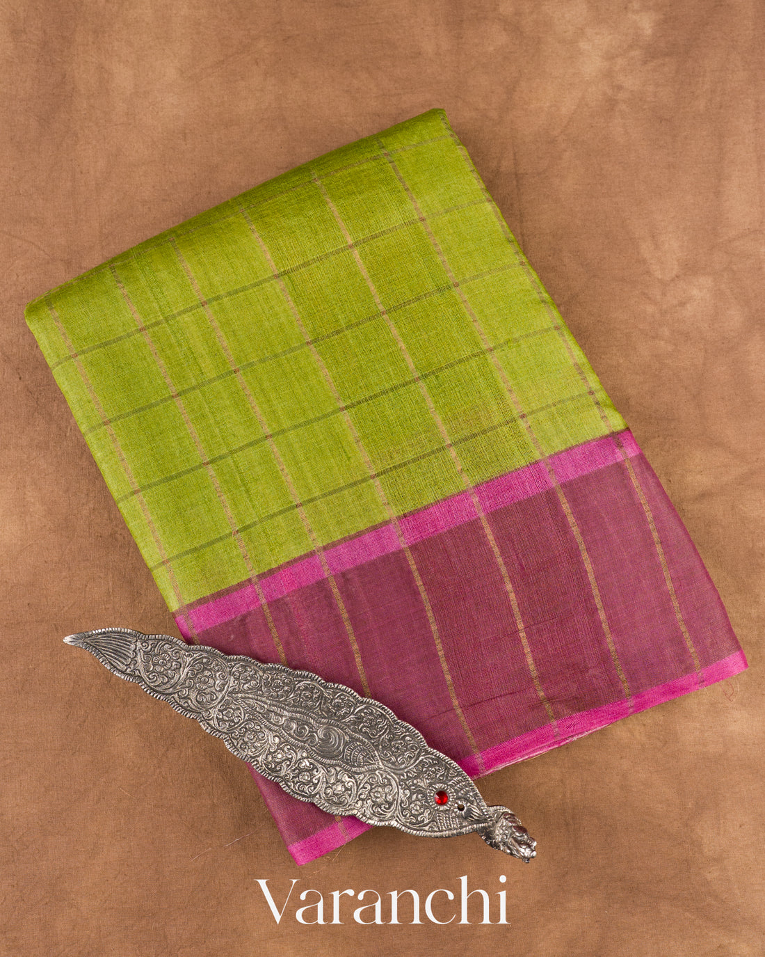 Pista Lime Green Checks Pure Tussar Silk Saree