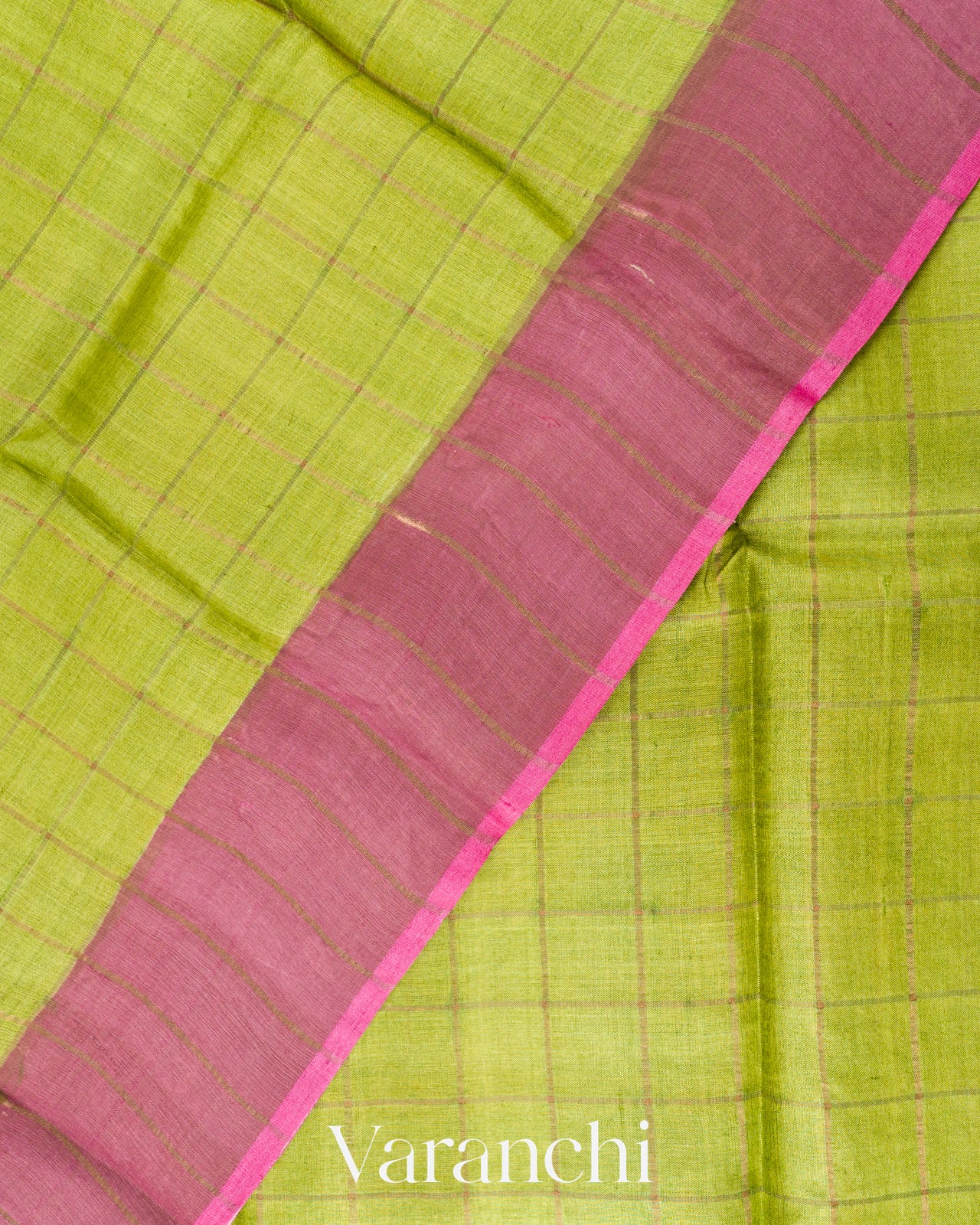 Pista Lime Green Checks Pure Tussar Silk Saree