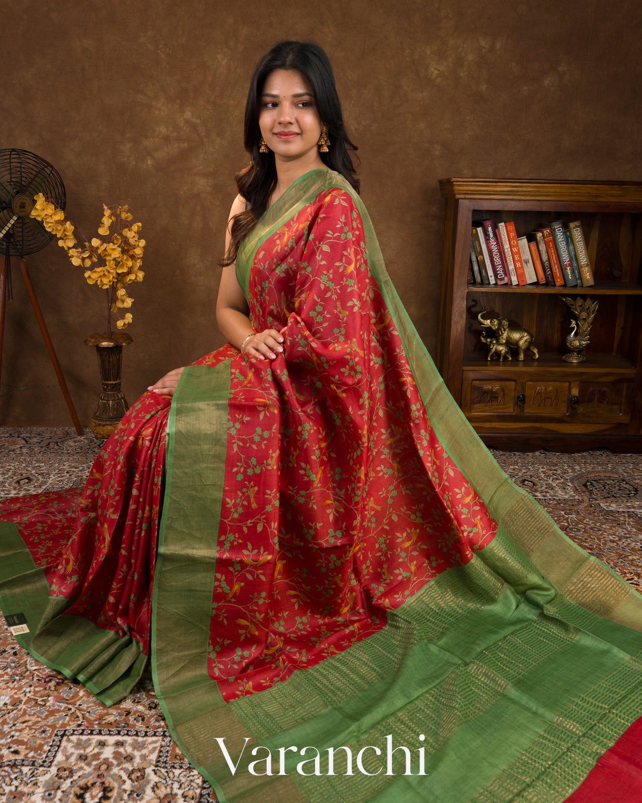 Deep Red Digital Printed Pure Tussar Tissue Silk Saree 