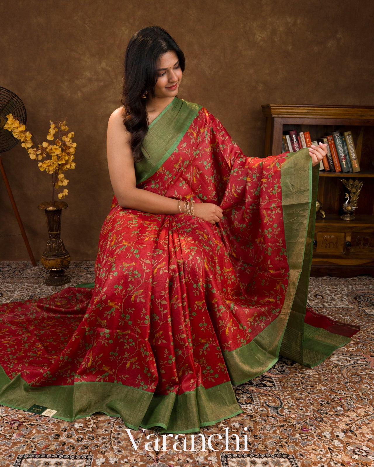 Deep Red Digital Printed Pure Tussar Tissue Silk Saree 