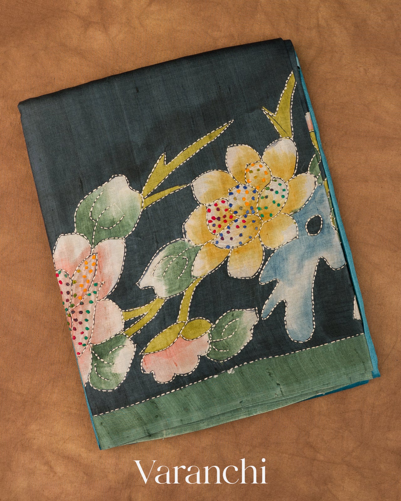 Teal Blue and earthy green Kalamkari Printed Pure Tussar Silk Handloom Saree