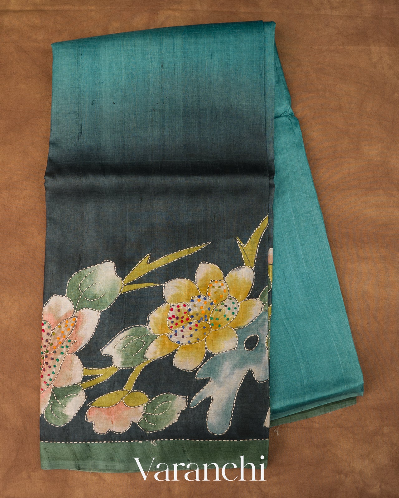 Teal Blue and earthy green Kalamkari Printed Pure Tussar Silk Handloom Saree