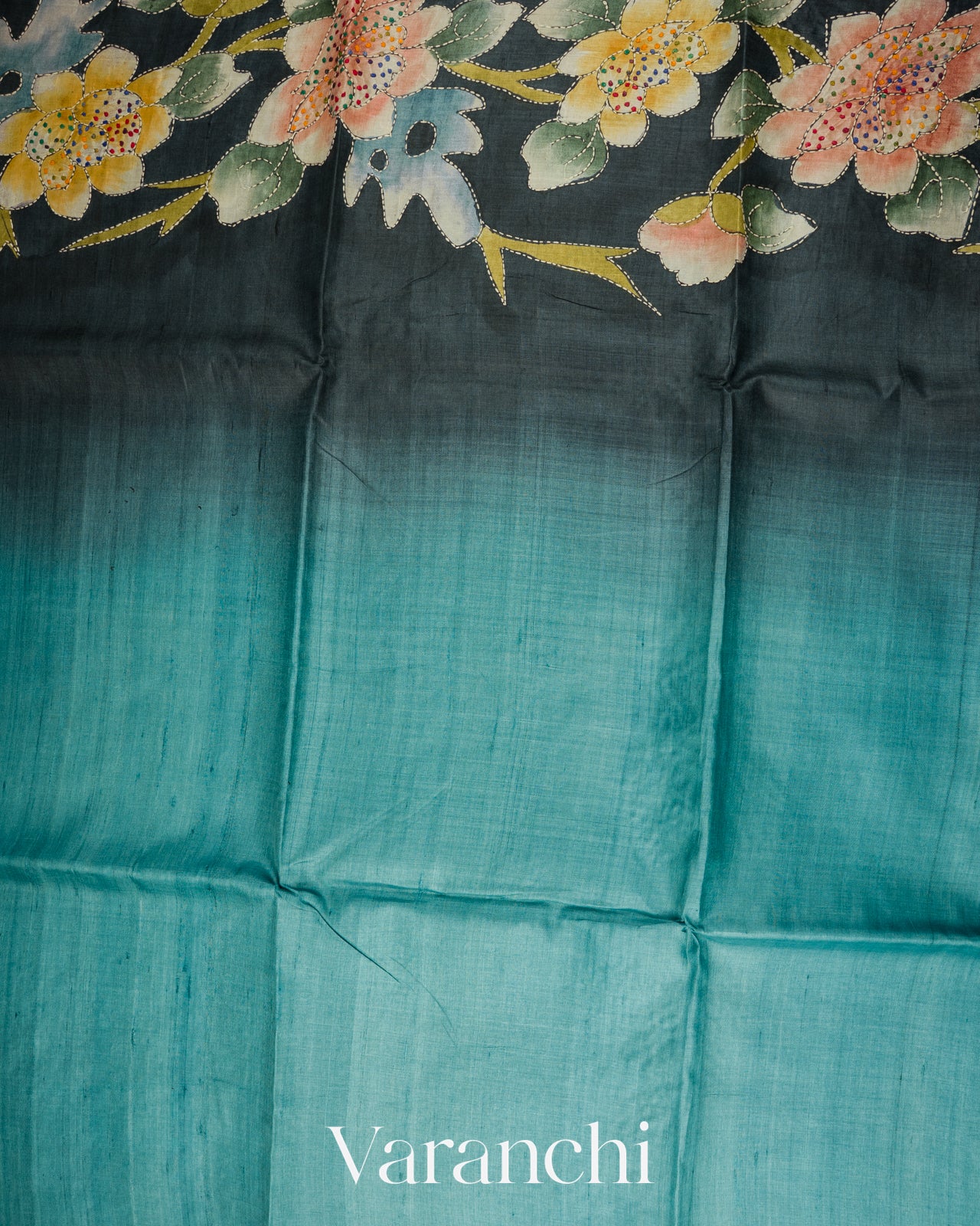 Teal Blue and earthy green Kalamkari Printed Pure Tussar Silk Handloom Saree