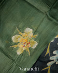 Teal Blue and earthy green Kalamkari Printed Pure Tussar Silk Handloom Saree
