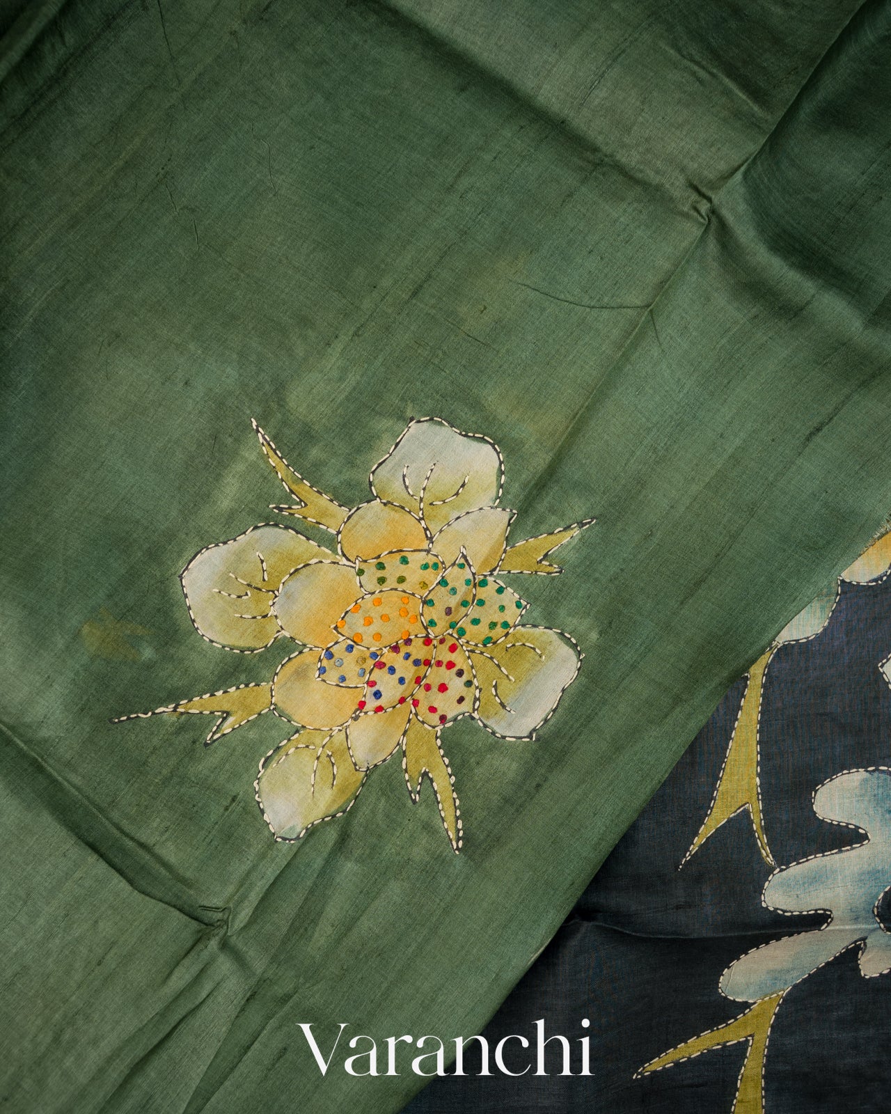 Teal Blue and earthy green Kalamkari Printed Pure Tussar Silk Handloom Saree