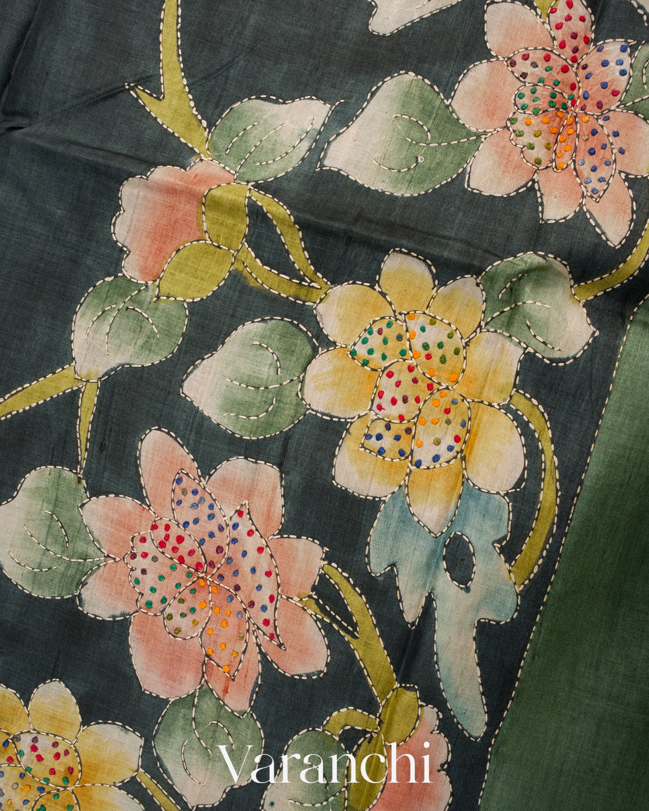 Teal Blue and earthy green Kalamkari Printed Pure Tussar Silk Handloom Saree